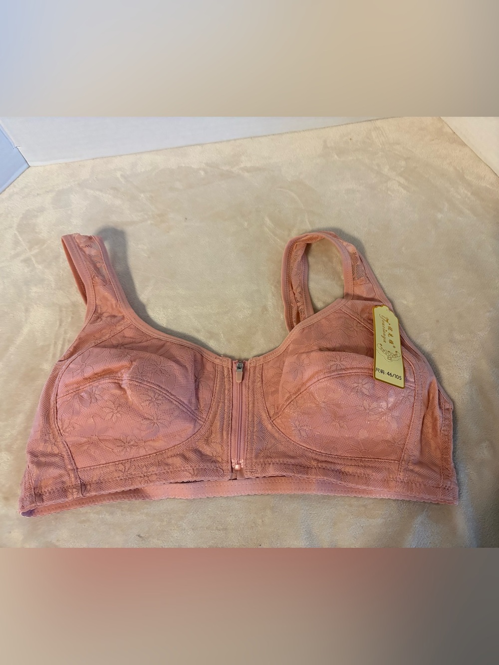 Front-Zip Lace Comfort Bra in Coral Pink